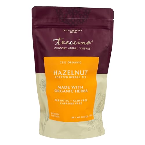 Teeccino Hazelnut Roasted Herbal Tea - Caffeine Free, Prebiotic, 3x More Herbs - 50 Tagless Eco-Friendly Tea Bags