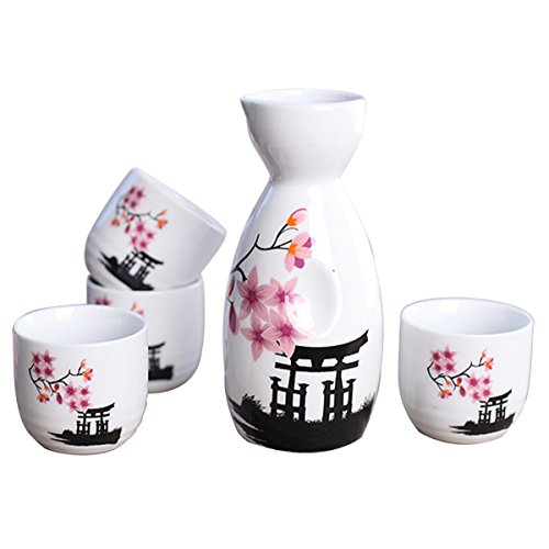Tosnail Pink Sakura Ceramic Sake Set - 1 Carafe & 4 Cups, Gift Idea