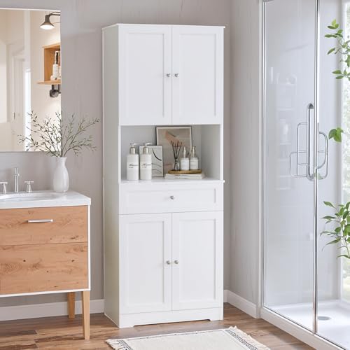 Tall Bathroom Storage Cabinet with Drawer and Shelves, 67-Inch White Linen Tower