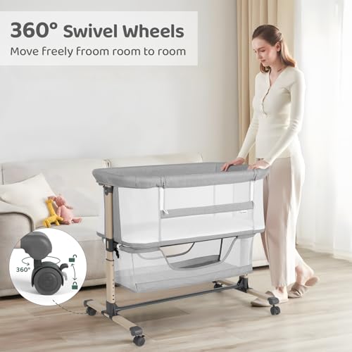 Adjustable Bedside Bassinet Sleeper with Breathable Mesh, Wheels & Storage