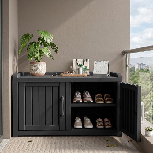 Waterproof Shoe Storage Bench, Indoor Outdoor Cabinet with Adjustable Shelves