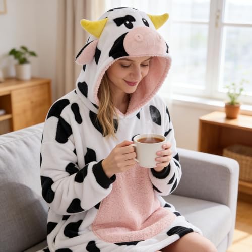 JUOLOET Pink Cow Wearable Blanket Hoodie for Adults, Hooded Sherpa Fleece with Pocket
