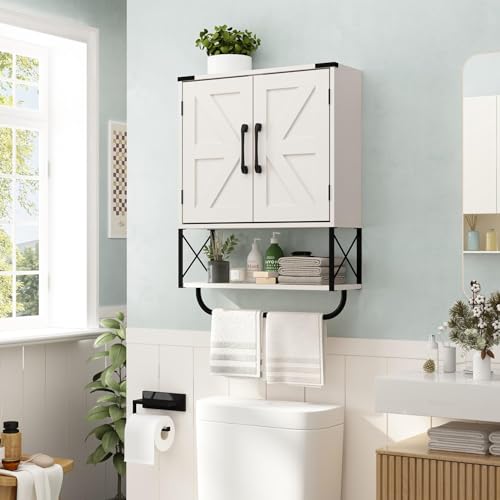 Farmhouse Medicine Cabinet with Barn Doors and Towel Rack, Wood Wall Storage
