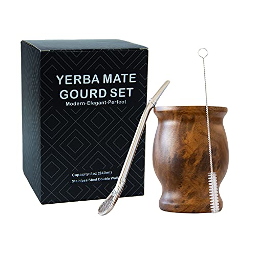 Brown Stainless Steel Yerba Mate Gourd Set with Straw & Brush - Double Walled, 8oz