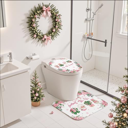 Pink Christmas Shower Curtain Set Santa Claus Holiday Bathroom Decor 72x72 inches