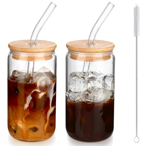 16 oz Glass Coffee Cups with Lids and Straws, Set of 2 Reusable Tumblers