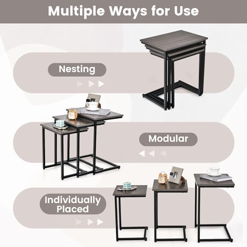 3-Piece Nesting Side Table Set, C-Shaped Wood Top End Tables for Small Spaces