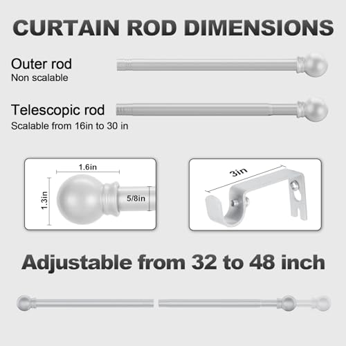 Adjustable Silver Curtain Rod, 32 to 48 Inch Stainless Steel Drapery Rod