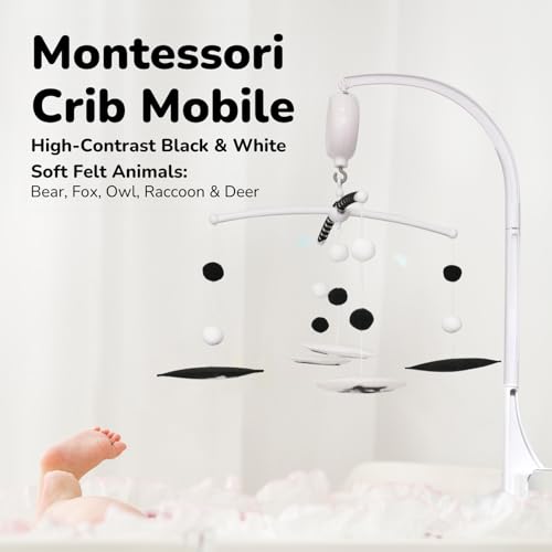 Black and White Montessori Crib Mobile with Digital Music Box - Woodland Theme