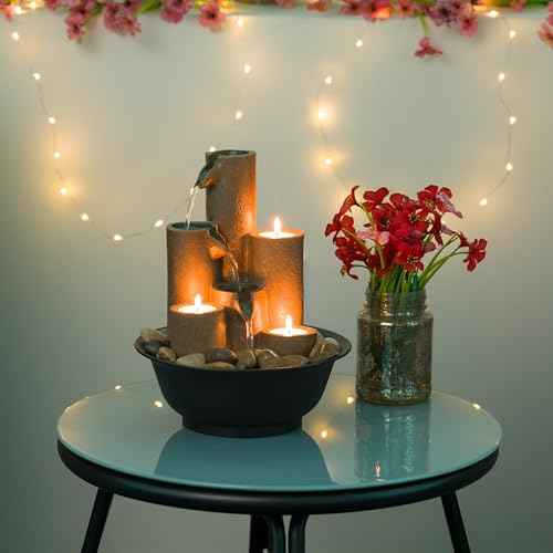 Indoor Tiered Tabletop Water Fountain with Candle Holders, 11-Inch