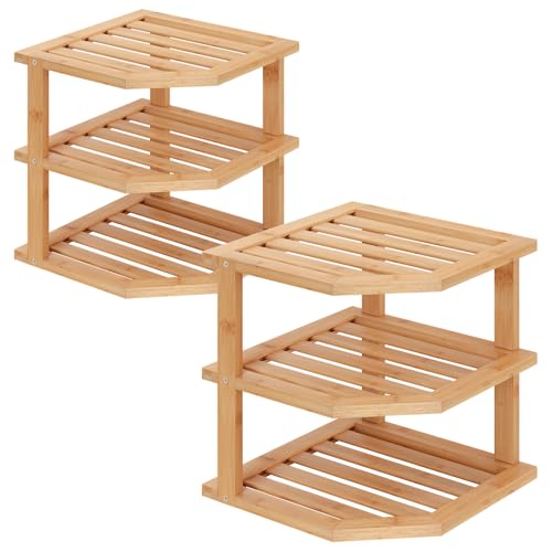 3-Tier Bamboo Corner Shelf Organizer - 2 Pack Kitchen Counter Storage Rack