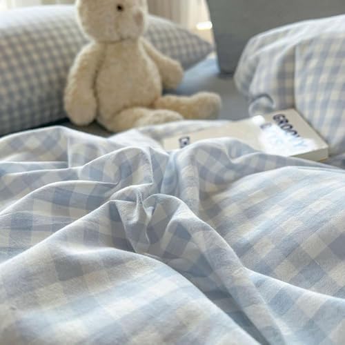 Blue Gingham Duvet Cover Set - Queen Soft Washed Microfiber Bedding