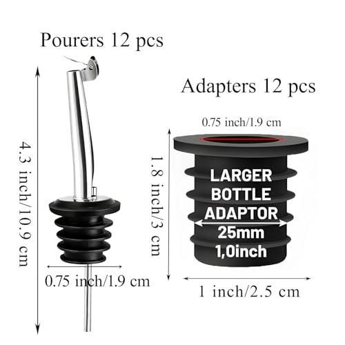 KIBARTOL 12 Silver Flip Top Liquor Bottle Pourers with Adapters for Large & Small Bottles