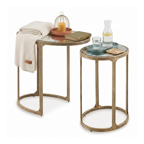 Oval Nesting Accent Table Set of 2, Gold Metal Frame with Beveled Mirror Tops