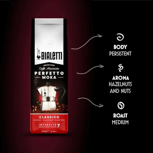 Bialetti Perfetto Moka Classico Ground Coffee 8.8 oz Pack of 6, Medium Roast Intensity 7 - 50% Arabica and 50% Robusta Italian Espresso with Floral & Dried Fruit Notes, Smooth Mellow Flavor, Compatible with Moka Pots
