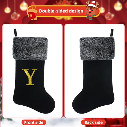 20 Inch Black Velvet Christmas Stocking with Gold Monogram Paw - Personalized with Faux Fur Trim, Deluxe