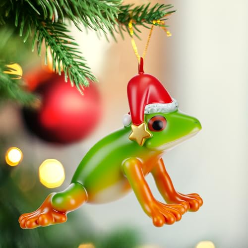Green Red-Eyed Frog Christmas Tree Ornament with Santa Hat – Yuntau, 2x3 in