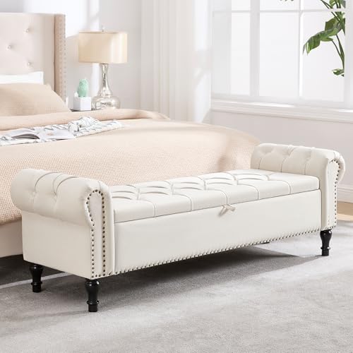 67-Inch Upholstered Storage Bench with Rolled Arms and Button Tufting