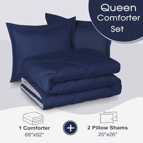 Navy Blue Reversible Queen Comforter Set with Pillow Shams
