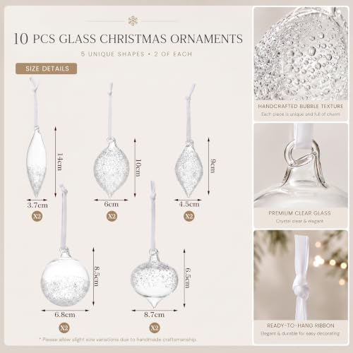 Seenelling 10 Pcs Clear Glass Finial Christmas Ornaments with White Velvet Ribbons - Classic & Vintage Style