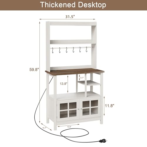 Farmhouse Bakers Rack with Power Outlets, Coffee Bar Cabinet & Hutch