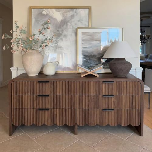 YMW Walnut Scalloped Dresser with 6 Drawers, 15.4"D x 59.1"W x 29.5"H Bedroom Storage