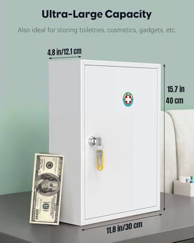 Locking Medicine Cabinet, Wall-Mounted Steel Medication Organizer with Keys