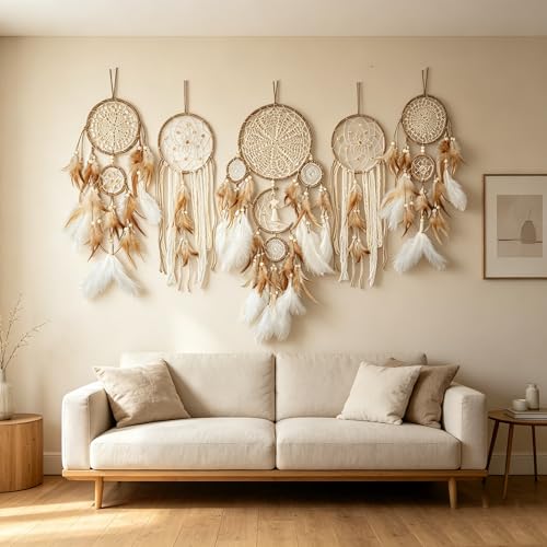 5-Piece Moon Phase Dreamcatcher Set, Boho Macrame Wall Hanging Decor