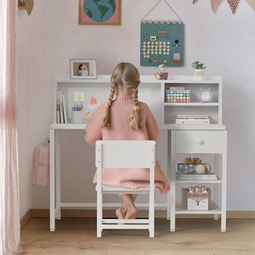 Kids Study Desk and Chair Set with Hutch, Storage Shelves and Fabric Drawer