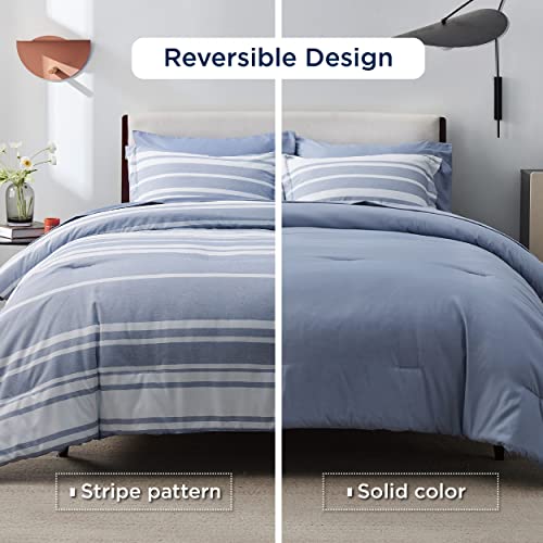 Queen Comforter Set 7 Pieces - Blue Striped Bedding for All Seasons