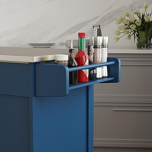 Mobile Kitchen Island Cart with Stainless Steel Top & Storage, Blue
