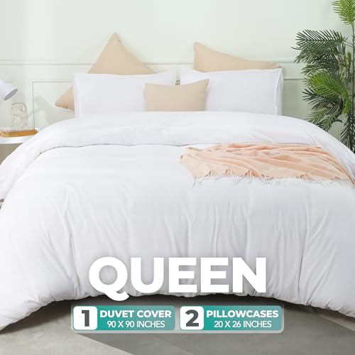 Queen Soft Brushed Microfiber Duvet Cover Set with Zipper Closure - White