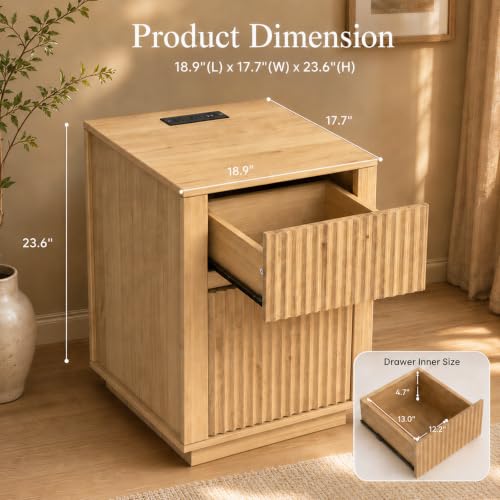 Modern Fluted Nightstand with Charging Station and Two Drawers