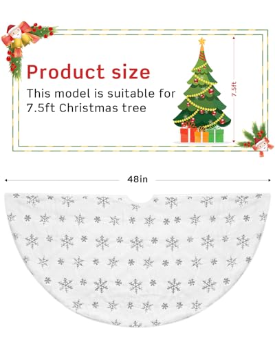 48-Inch White Faux Fur Christmas Tree Skirt with Silver Sequin Snowflakes