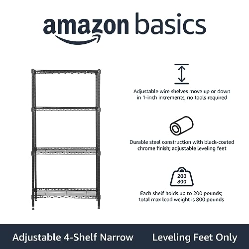 Amazon Basics 4-Shelf Steel Wire Storage Shelves, Black Metal Unit