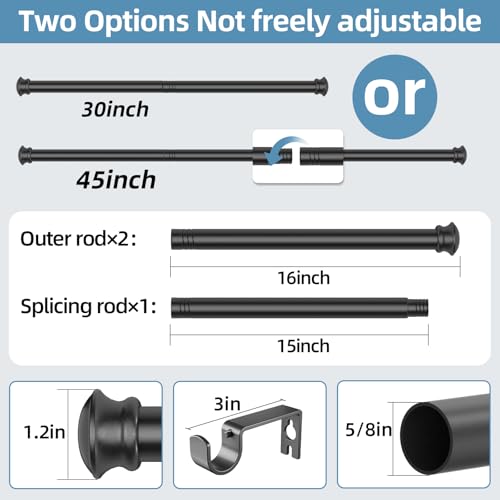 Adjustable Black Curtain Rod 30-45 Inches, Heavy Duty Metal Window Rod Set