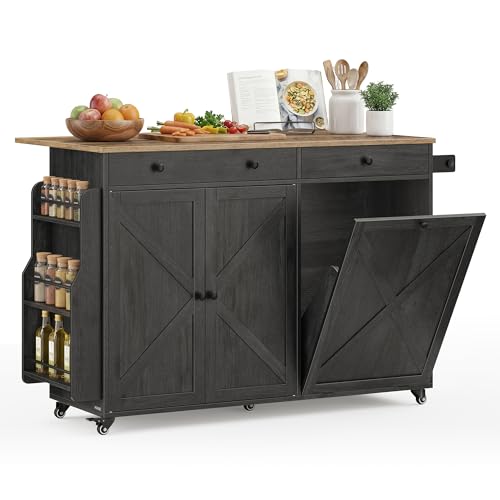 Mobile Kitchen Island Cart with Drop Leaf and Hidden Trash Can Storage