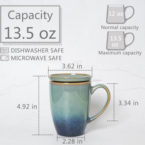 Bosmarlin Pale Green Ceramic Tea Mug with Infuser & Lid, 13.5 Oz, Dishwasher & Microwave Safe