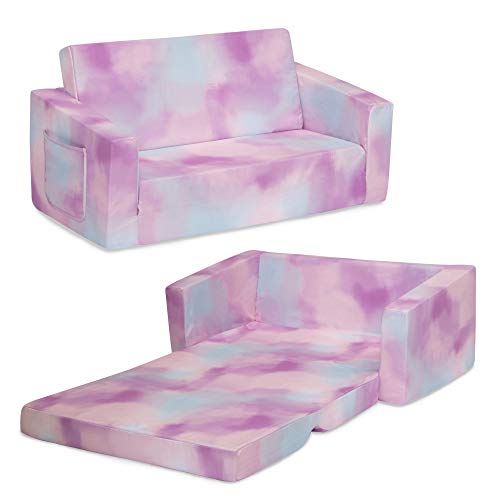 Delta Children Cozee 2-in-1 Extra Wide Convertible Sofa to Lounger-Comfy Flip Open Couch/Sleeper for Kids, Pink Tie Dye