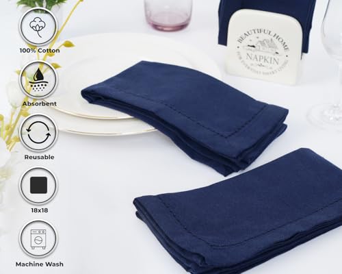 Navy Blue Hemstitch Cotton Dinner Napkins 18x18 Inches, Set of 12