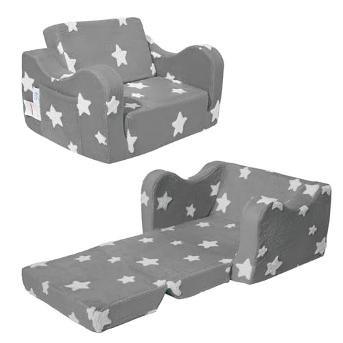 Toddler Fold-Out Couch, 2-in-1 Convertible Kids Sofa and Lounger, Gray