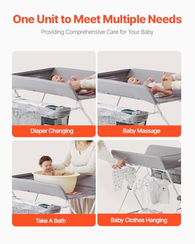 Foldable Baby Changing Table with Storage and Adjustable Height, Gray