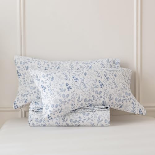 Floral King Pillow Shams Set of 2, 20x36 Blue and White Quilted Cotton