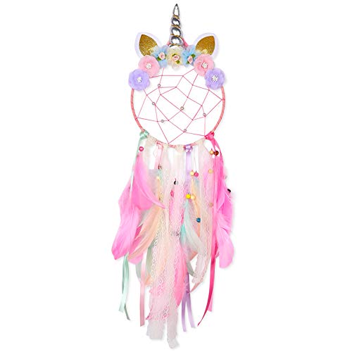 Unicorn Dream Catcher Wall Decor for Kids Bedroom with Feathers and Pearls