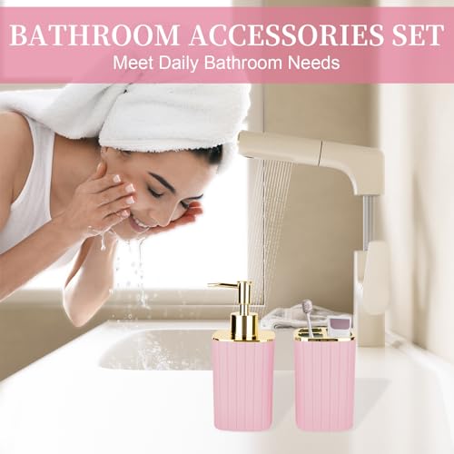 2-Piece Pink Bathroom Accessory Set with Soap Dispenser & Toothbrush Holder
