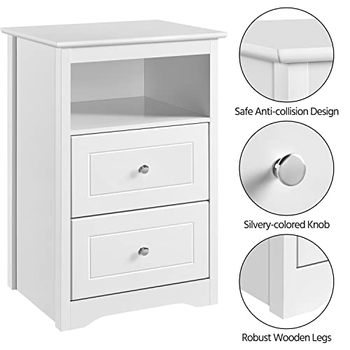 Tall 2-Drawer Nightstand with Open Shelf, White MDF Bedside Table