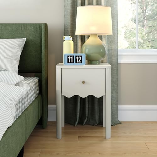 Solid Wood Kids Nightstand with Drawer, Wavy Trim - Linen White