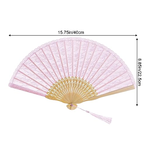 Pink Lace Handheld Bamboo Folding Fan with Tassel for Weddings and Parties