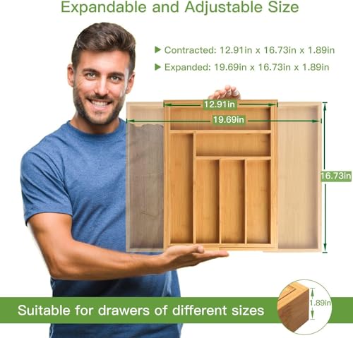 Expandable Bamboo Silverware Drawer Organizer - Adjustable Cutlery Tray