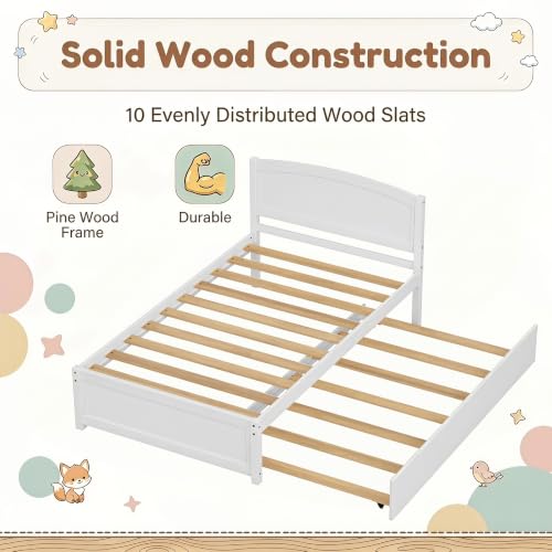 Solid Wood Twin Daybed with Pull-Out Trundle Bed, White Pine Frame